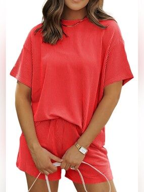 Women's Red Ribbed Short-Sleeve Top and Shorts Matching Set